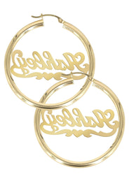 14K Ladies Diamond Cut Heart Name Plate Hoop Earrings
