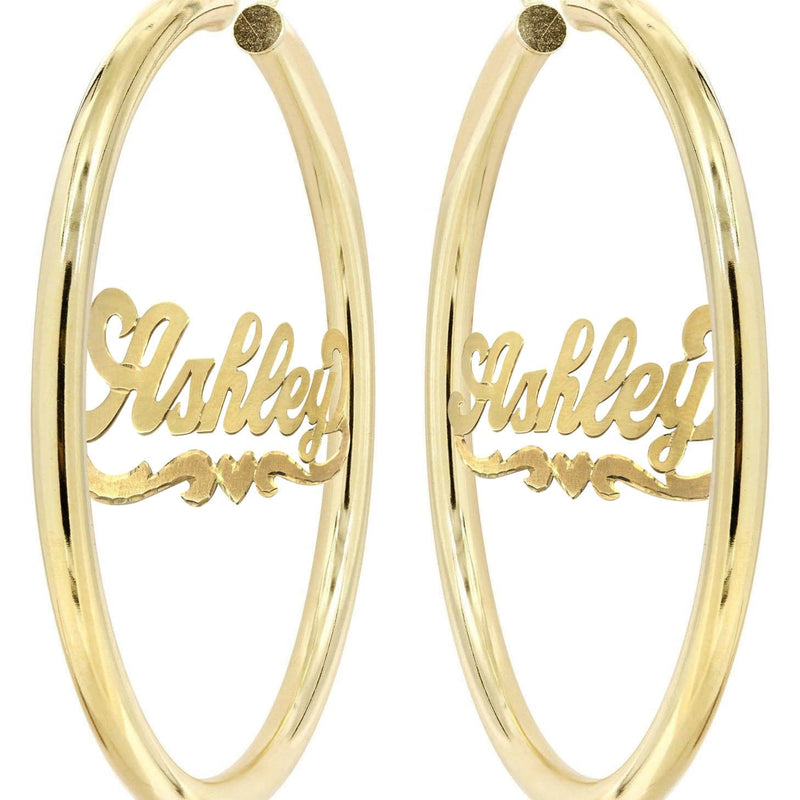 14K Ladies Diamond Cut Heart Name Plate Hoop Earrings