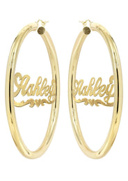 14K Ladies Diamond Cut Heart Name Plate Hoop Earrings
