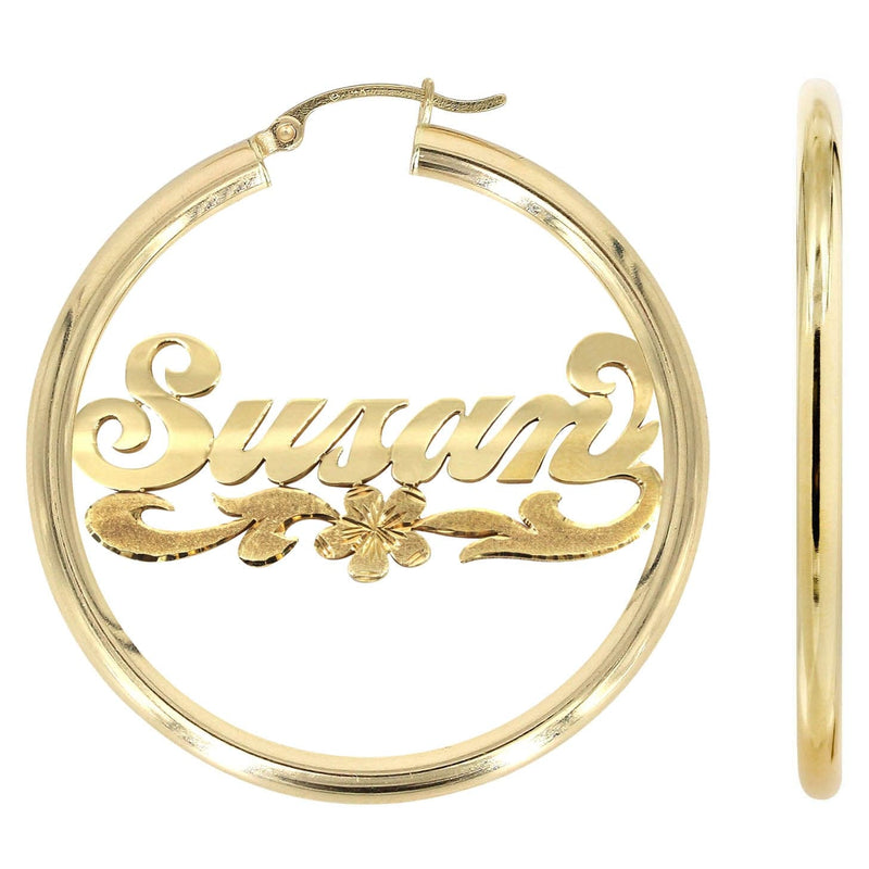 14K Ladies Diamond Cut Name Plate Hoop Earrings