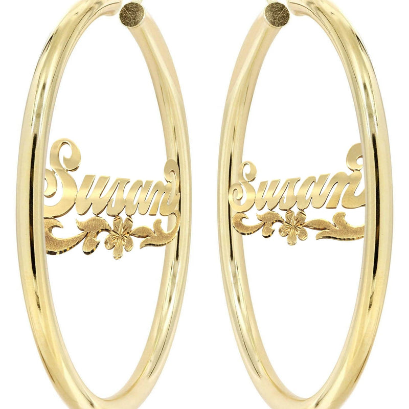 14K Ladies Diamond Cut Name Plate Hoop Earrings