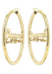 14K Ladies Diamond Cut Name Plate Hoop Earrings