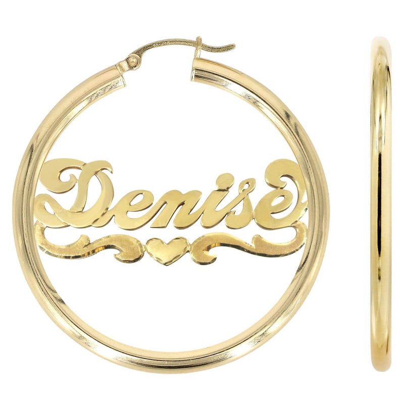 14K Ladies Diamond Cut Heart Name Plate Hoop Earrings