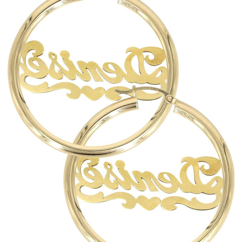 14K Ladies Diamond Cut Heart Name Plate Hoop Earrings