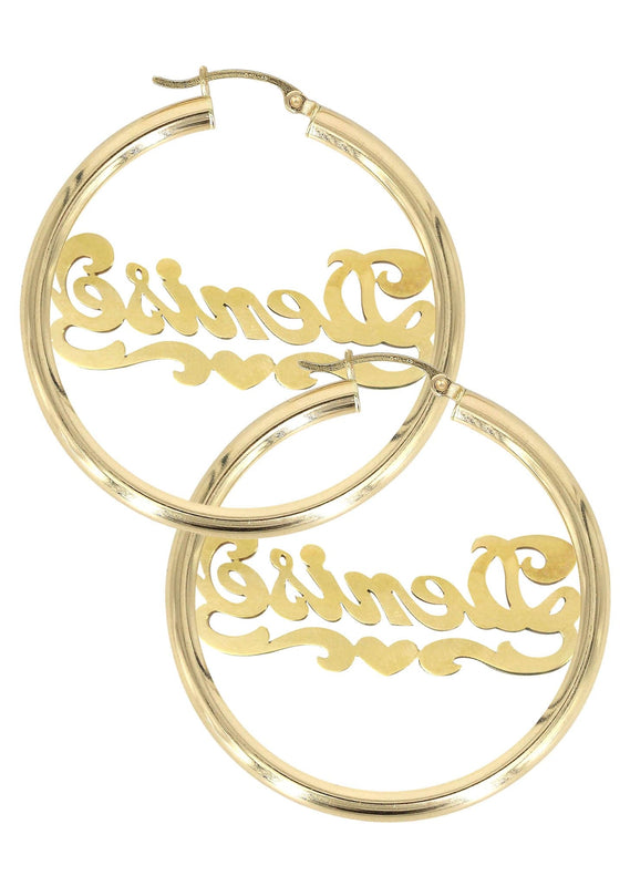 14K Ladies Diamond Cut Heart Name Plate Hoop Earrings