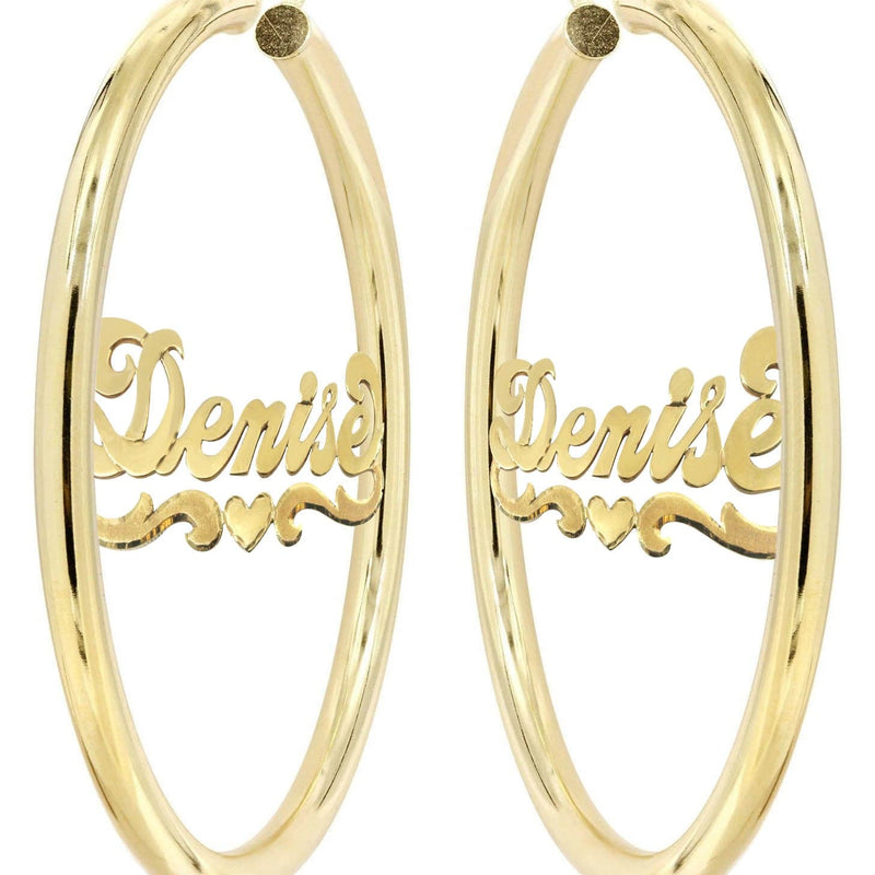 14K Ladies Diamond Cut Heart Name Plate Hoop Earrings