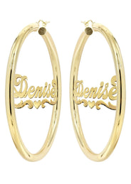 14K Ladies Diamond Cut Heart Name Plate Hoop Earrings