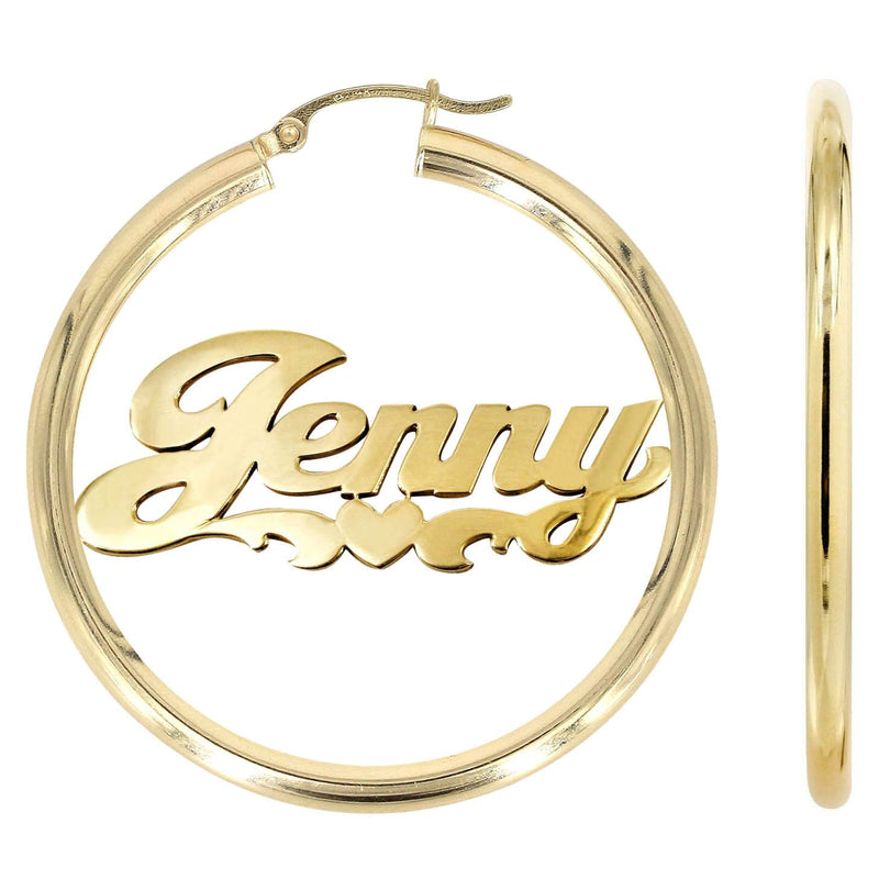 14K Ladies Plain Heart Name Plate Hoop Earrings