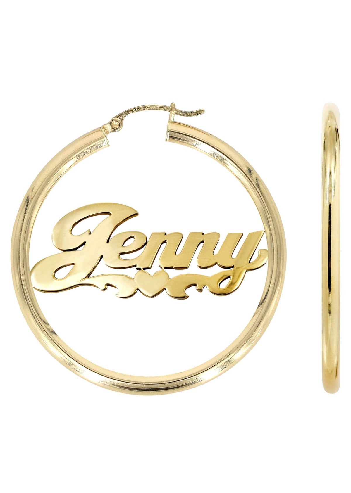14K Ladies Plain Heart Name Plate Hoop Earrings