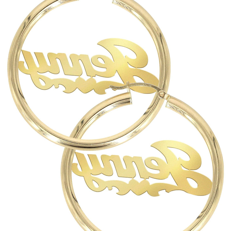 14K Ladies Plain Heart Name Plate Hoop Earrings
