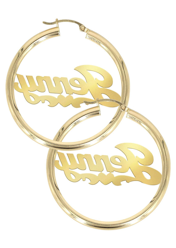 14K Ladies Plain Heart Name Plate Hoop Earrings
