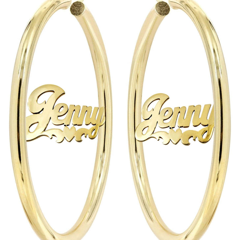 14K Ladies Plain Heart Name Plate Hoop Earrings