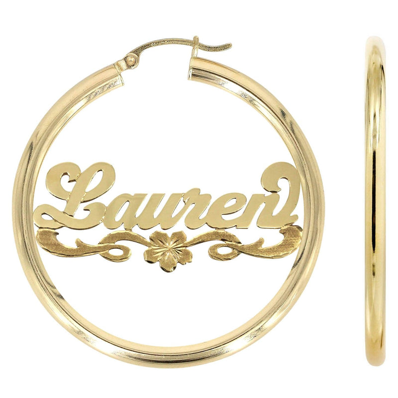 14K Ladies Diamond Cut Name Plate Hoop Earrings