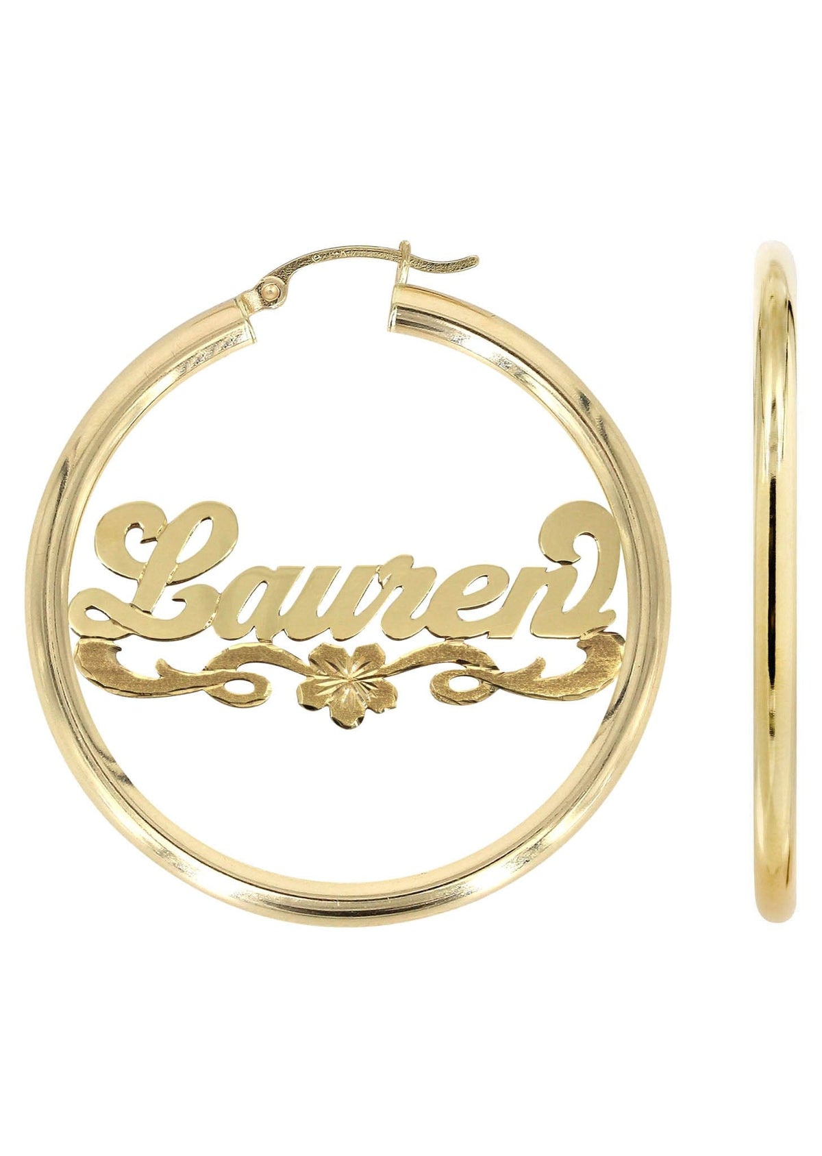 14K Ladies Diamond Cut Name Plate Hoop Earrings