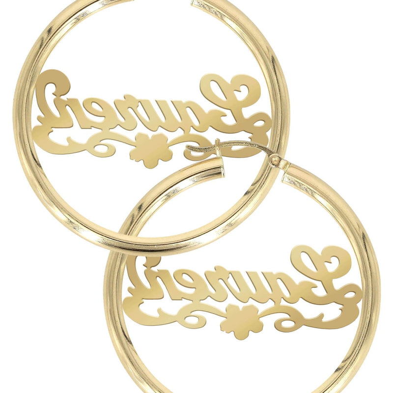 14K Ladies Diamond Cut Name Plate Hoop Earrings