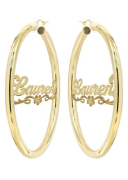 14K Ladies Diamond Cut Name Plate Hoop Earrings