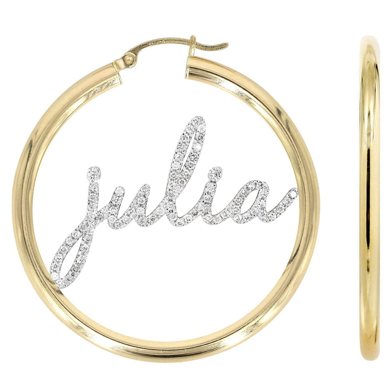 14K Gold Ladies Full Diamond Script Name Plate Hoop Earrings