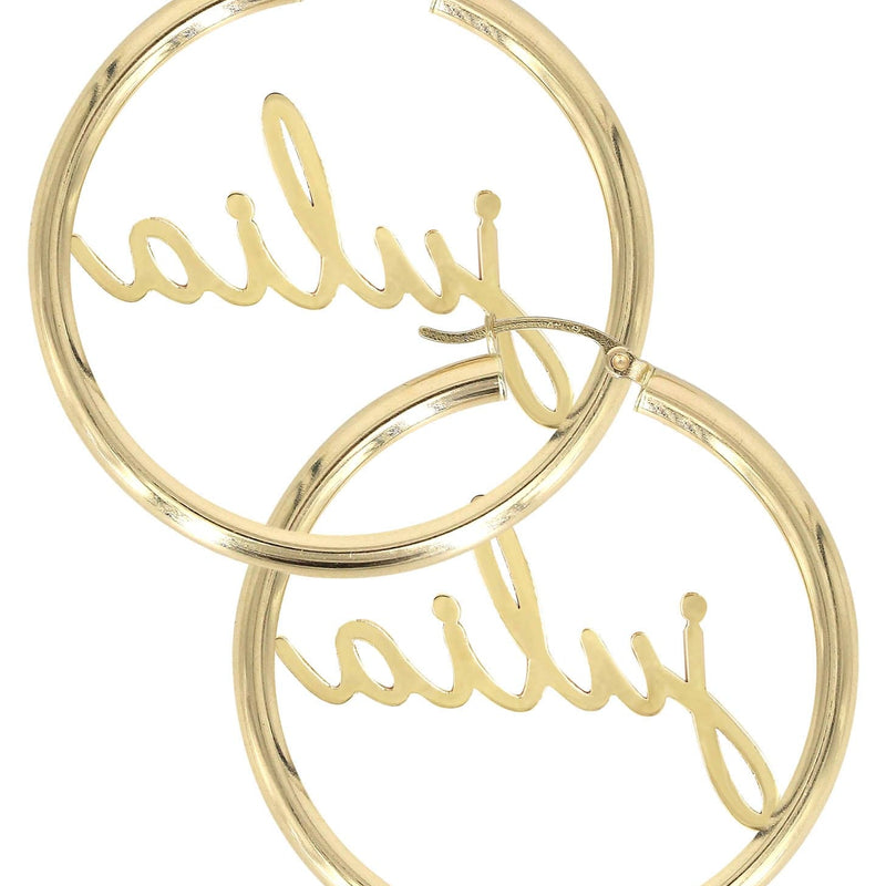 14K Gold Ladies Full Diamond Script Name Plate Hoop Earrings