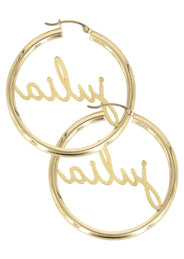 14K Gold Ladies Full Diamond Script Name Plate Hoop Earrings