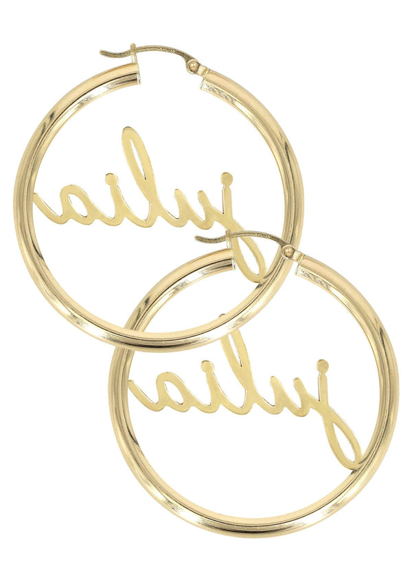 14K Gold Ladies Full Diamond Script Name Plate Hoop Earrings