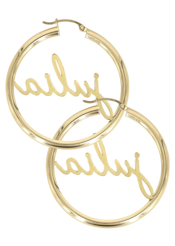 14K Gold Ladies Full Diamond Script Name Plate Hoop Earrings