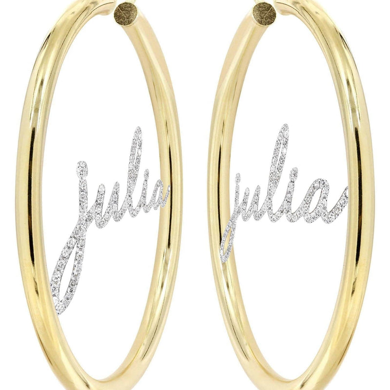 14K Gold Ladies Full Diamond Script Name Plate Hoop Earrings