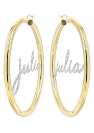 14K Gold Ladies Full Diamond Script Name Plate Hoop Earrings