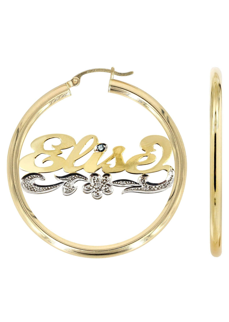 14K Ladies Two Tone Diamond Cut Name Plate Hoop Earrings
