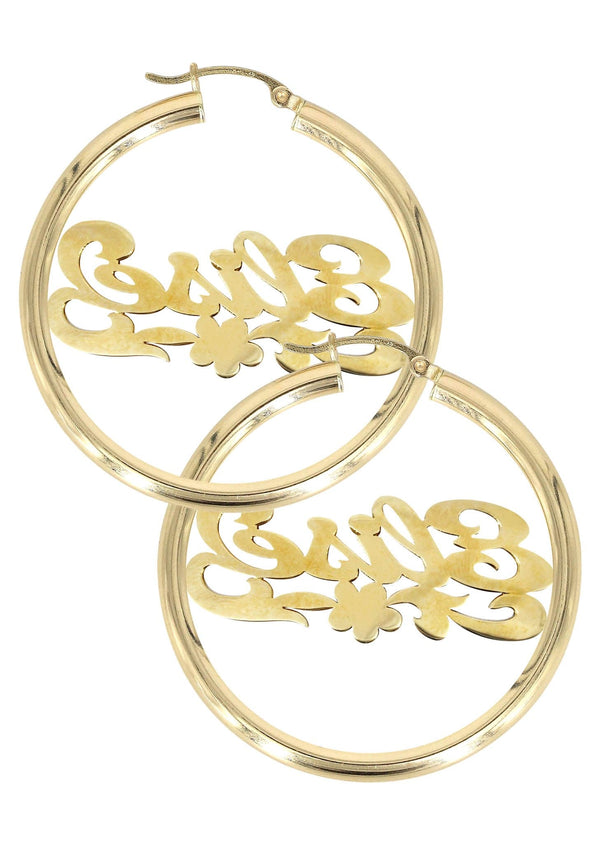 14K Ladies Two Tone Diamond Cut Name Plate Hoop Earrings
