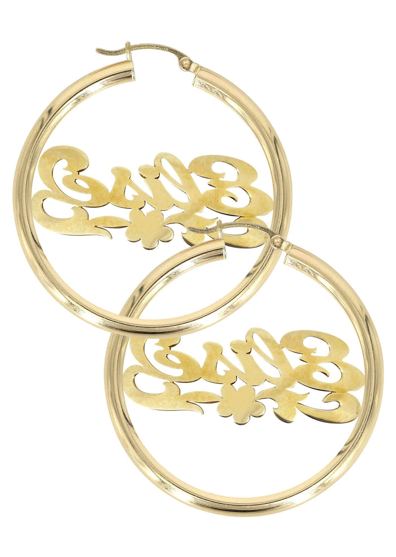 14K Ladies Two Tone Diamond Cut Name Plate Hoop Earrings