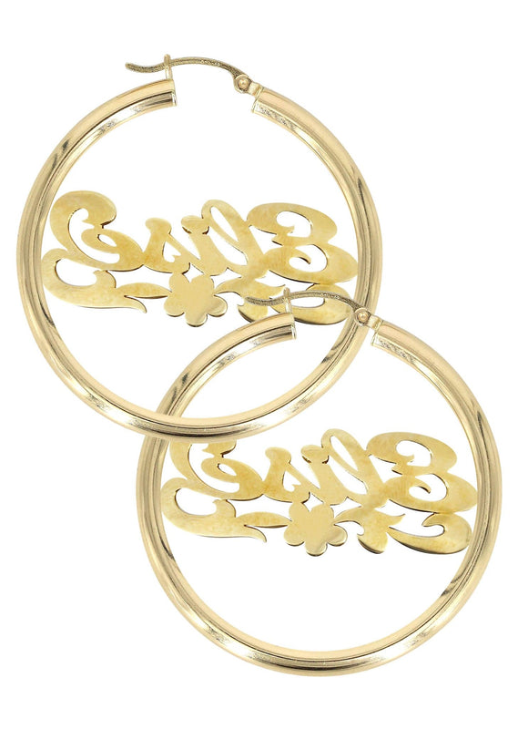 14K Ladies Two Tone Diamond Cut Name Plate Hoop Earrings