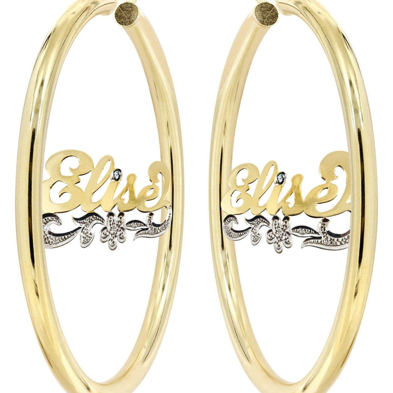 14K Ladies Two Tone Diamond Cut Name Plate Hoop Earrings