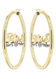 14K Ladies Two Tone Diamond Cut Name Plate Hoop Earrings