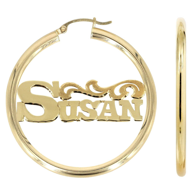 14K Ladies Name Diamond Cut Name Plate Hoop Earrings