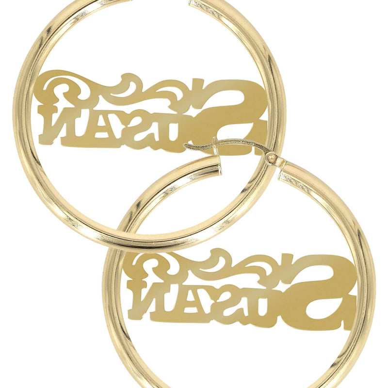 14K Ladies Name Diamond Cut Name Plate Hoop Earrings