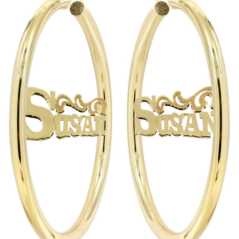 14K Ladies Name Diamond Cut Name Plate Hoop Earrings