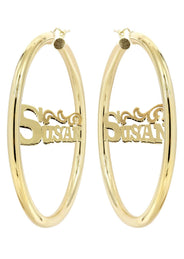 14K Ladies Name Diamond Cut Name Plate Hoop Earrings