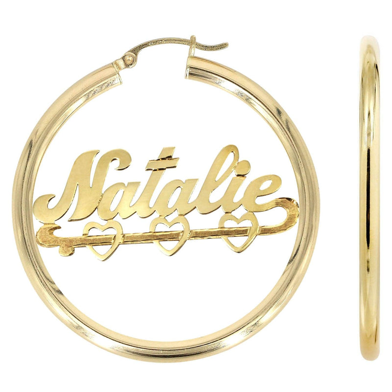 14K Ladies Diamond Cut Heart Name Plate Hoop Earrings