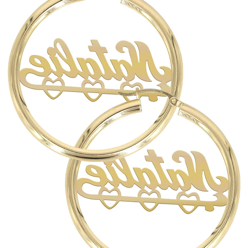 14K Ladies Diamond Cut Heart Name Plate Hoop Earrings