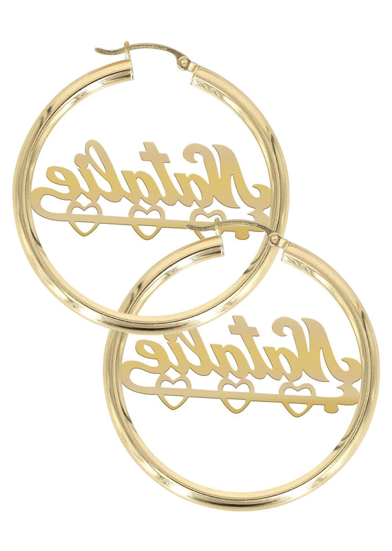 14K Ladies Diamond Cut Heart Name Plate Hoop Earrings