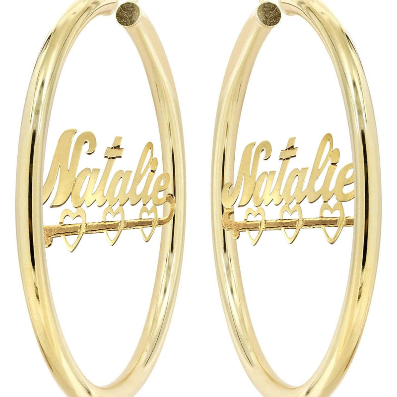 14K Ladies Diamond Cut Heart Name Plate Hoop Earrings