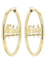 14K Ladies Diamond Cut Heart Name Plate Hoop Earrings