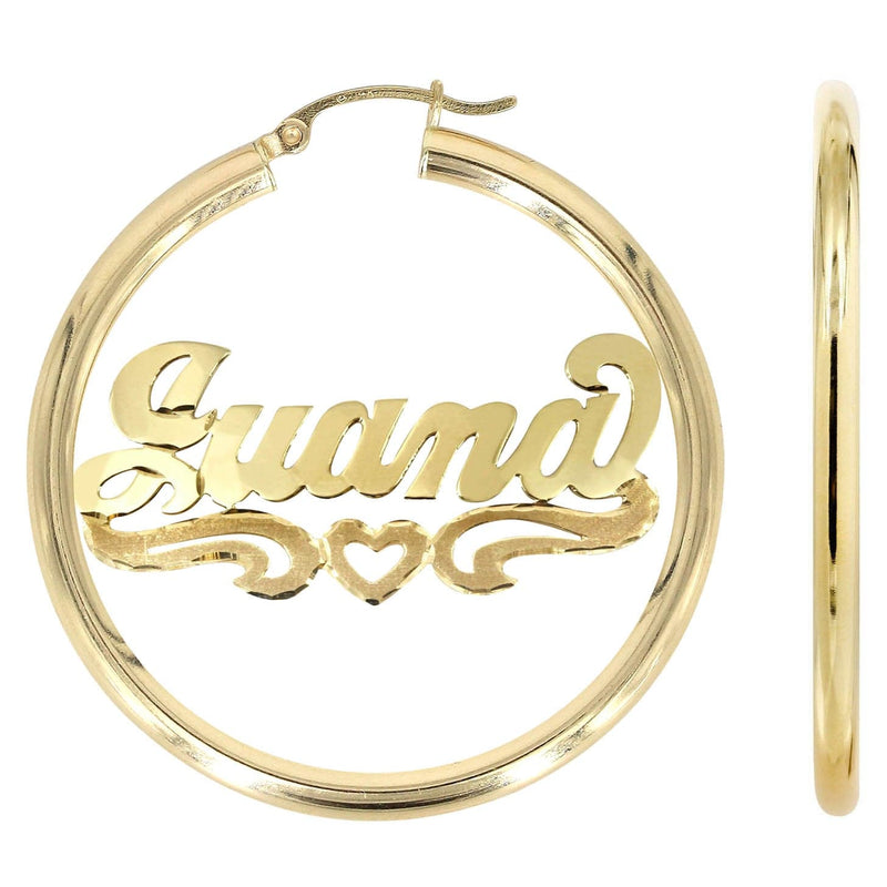14K Ladies Diamond Cut Heart Name Plate Hoop Earrings