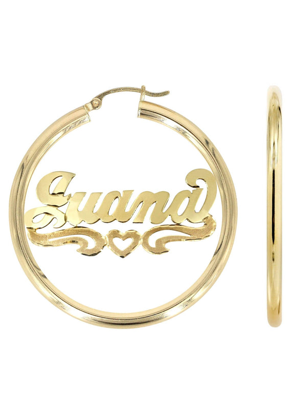 14K Ladies Diamond Cut Heart Name Plate Hoop Earrings