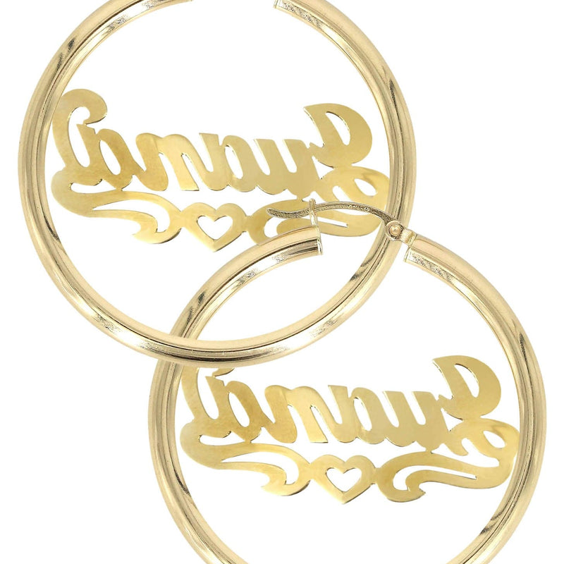 14K Ladies Diamond Cut Heart Name Plate Hoop Earrings