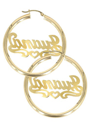 14K Ladies Diamond Cut Heart Name Plate Hoop Earrings