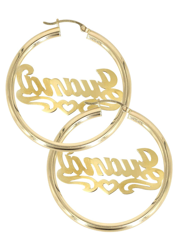 14K Ladies Diamond Cut Heart Name Plate Hoop Earrings