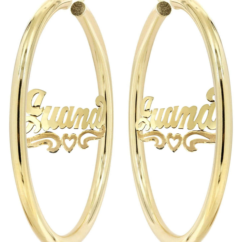 14K Ladies Diamond Cut Heart Name Plate Hoop Earrings