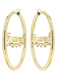 14K Ladies Diamond Cut Heart Name Plate Hoop Earrings
