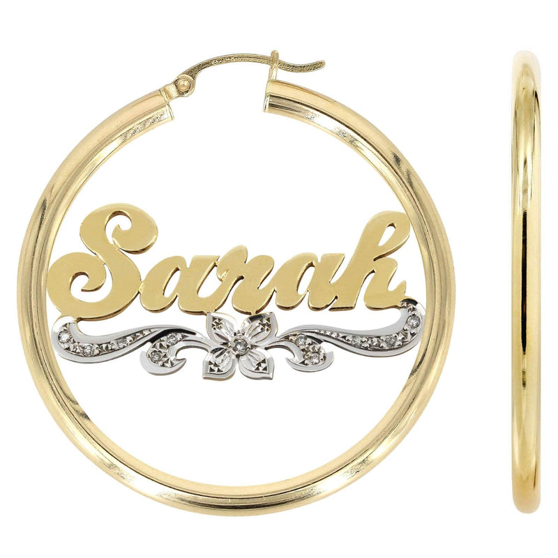 14K Ladies Two Tone Name Plate Hoop Earrings